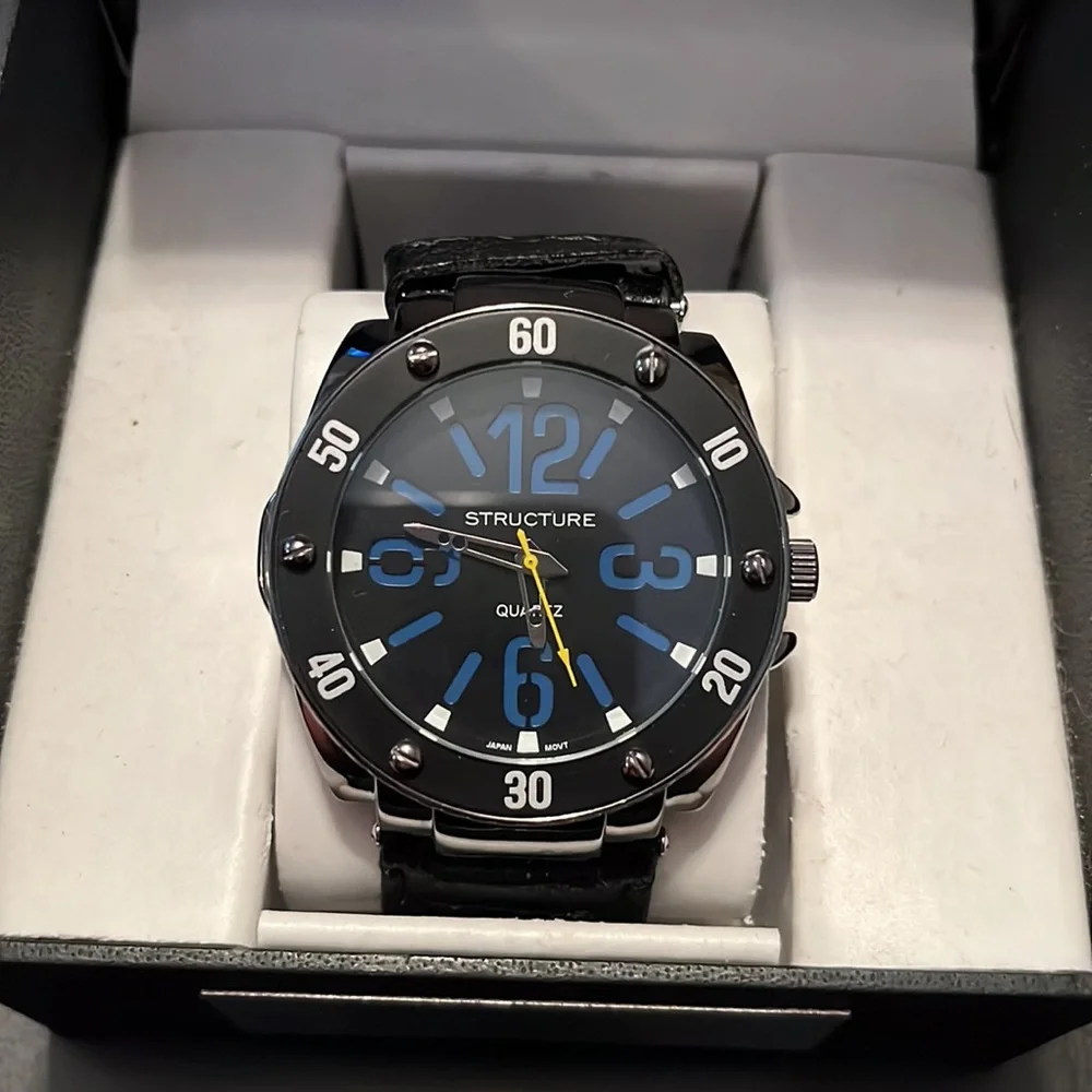 Large Face Black & Blue Structure Watch, New in Box - some defects, see photos